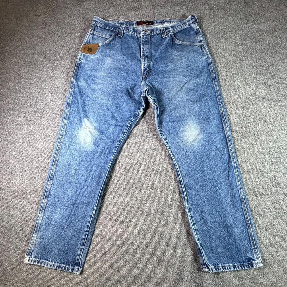 Wrangler Riggs Shield Jeans Mens 42x32 Blue Cotton Denim Straight Faded Workwear